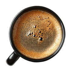 Top-down view of a dark-colored coffee cup, filled with espresso.  A rich, dark brown crema tops the coffee