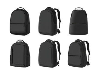 Six different black backpacks in various perspectives, displaying different design features