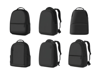 Six different black backpacks in various perspectives, displaying different design features