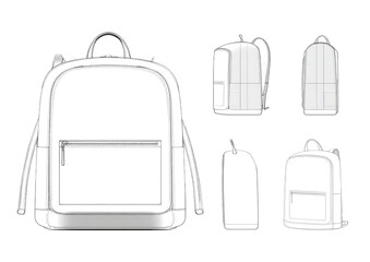 Technical drawings of a backpack, showing multiple views