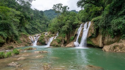 Fototapeta premium Tranquil Waterfall Surrounded by Lush Greenery in Nature Setting