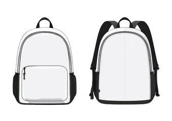 Two identical white backpacks, front and back views.  Black accents