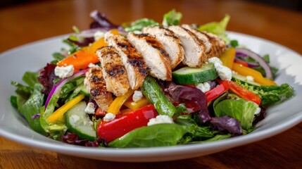 A vibrant salad featuring grilled chicken slices atop a bed of fresh greens, with colorful peppers, cucumbers, and onions arranged beautifully, creating a delicious and healthy meal option.