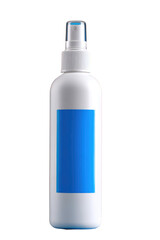 White plastic spray bottle with a blue label