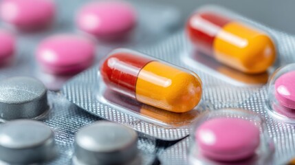 Colorful capsules and pink tablets are neatly arranged on a surface. This display is commonly found in a pharmacy, highlighting medication options for customers.