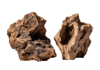 Two sculpted, irregular rock formations, light brownish-gray in color, with rough textures and hollowed-out areas