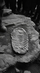 Detailed monochrome photograph showcasing well-preserved ancient fossil impression, likely trilobite, resting on textured rock surface, observed by human foot in boot at archaeological or paleontologi