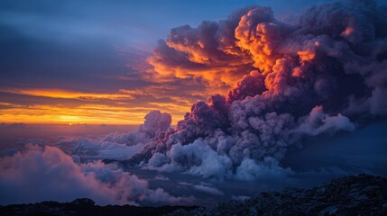 Fototapeta premium A powerful volcanic eruption releases dark smoke and ash into the twilight sky, casting vibrant orange and purple hues. The dramatic scene unfolds against a backdrop of clouds and the setting sun.
