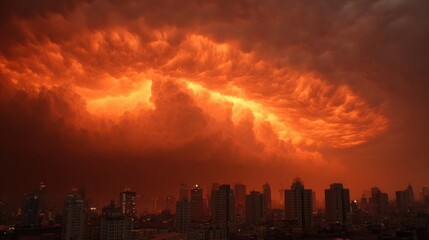 Vibrant orange clouds dominate the evening sky above a bustling urban skyline, casting an eerie glow as the sun sets. The scene captures the beauty and intensity of nature.