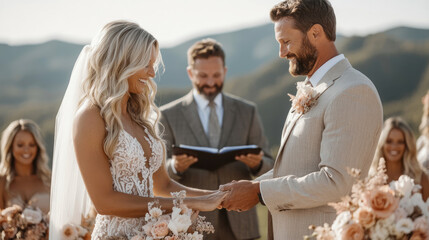 Joyful bride and groom exchanging vows with officiant during beautiful outdoor mountain wedding ceremony, surrounded by love and scenic natural beauty