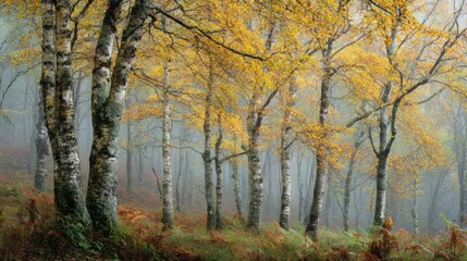 Golden leaves adorn birch trees in a misty forest during autumn. The serene landscape creates a peaceful vibe as fog envelops the ground and trees.