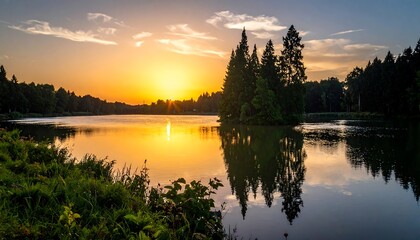 Obraz premium Serene sunset over a still lake