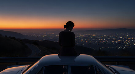 A wide shot of a woman's silhouette, seen from behind, as she sits on the roof of a car, parked at a scenic overlook. She is looking at her hometown's lights twinkling below as dusk settles. The sky i