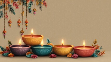 Bright and festive banner template with colorful diya lamps, Diwali-themed lights and decorations celebrating Festival of Lights