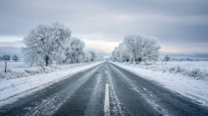 A long, icy road stretches into the distance, bordered by snow-covered trees. The landscape is serene, with a gray sky overhead hinting at winters chill.