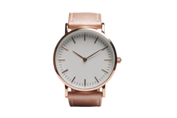 Close-up of a minimalist wristwatch.  Rose gold colored case,  pale peach leather strap,  simple white face with  thin,  straight hands.  Time displayed is not specific