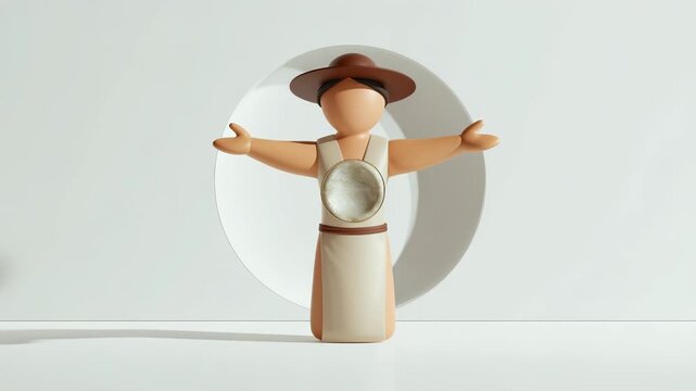 Animated 3D illustration of person character in ethnic dress with hat and no face in light abstract space	