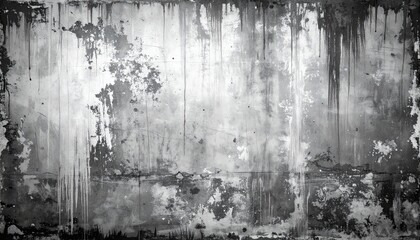 Obraz premium Abstract monochrome background featuring a weathered and distressed wall with peeling paint and dark, gritty stains, creating a grunge texture perfect for industrial or vintage designs