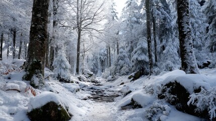 A tranquil winter forest features tall trees draped in white snow. A small stream runs through the landscape, creating a peaceful atmosphere during the cold season.