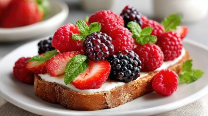A generous slice of toasted bread covered with cream cheese and a colorful array of fresh strawberries, raspberries, and blackberries, garnished with mint leaves for added flavor.