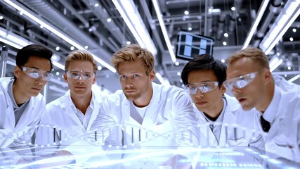 Research team analyzing complex data through advanced holographic display, collaborating in cutting edge, high tech laboratory environment with innovative digital interfaces - Powered by Adobe