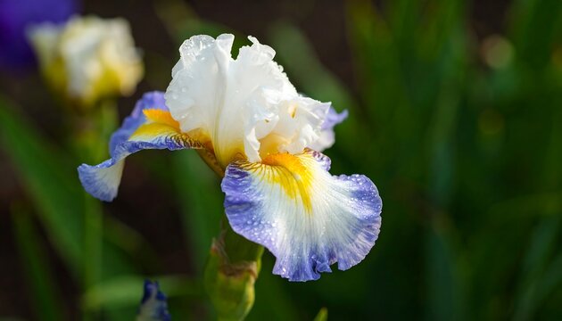 Close-up of a vibrant white and blue iris, petals ruffled, dew drops