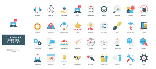 Customer support service, call center, online online answers to questions color icon set. Client care focus, advices and information on settings and options, repair procedure flat vector illustration