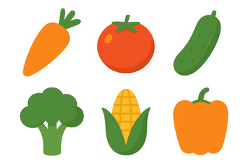 Vegetable silhouette icon set. featuring carrot, tomato, cucumber, broccoli, corn, and bell pepper symbols