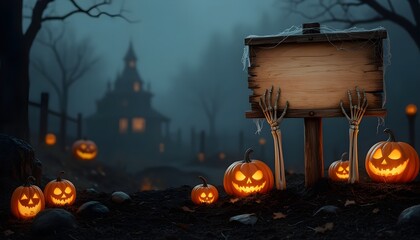 Halloween Card with Pumpkin Lanterns, Zombie Hands, and Wooden Sign