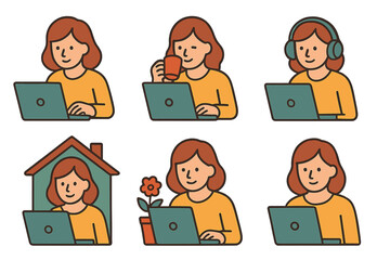 Fototapeta premium Remote work flat icon set. featuring laptop, coffee, headphones, home office, and plant symbols