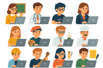 Professionals flat icon set. featuring teacher, doctor, programmer, artist, scientist, chef, engineer, musician, designer, writer