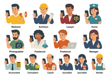 Professions flat icons set. featuring marketer, architect, lawyer, nurse, photographer, freelancer, manager, consultant, coach, journalist, worker