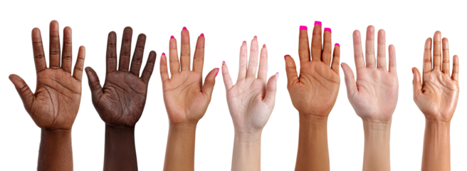 Diverse hands raised, various skin tones