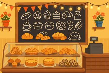 Chalkboard Bakery Interior. Horizontal composition showing vibrant interior of bakery and decor icon set for chalkboard menu,
