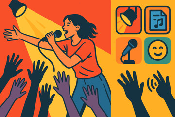Fototapeta premium Singer's Vibrant Performance. Bright banner portraying singer reaching to crowd and live performance icon set for spotlight,