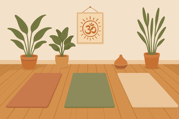 Tranquil Yoga Studio. Scene illustration showing peaceful yoga studio interior and space icon set for wood floor, plants, diffuser