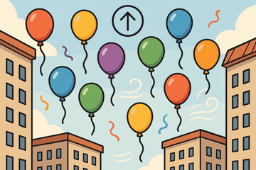 Balloons Floating Cityscape. Scene with balloons floating between buildings and elevation icon set for helium icons, building tops