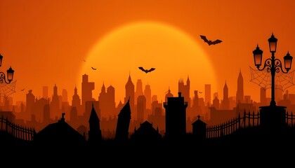 Fototapeta premium Halloween City Skyline with Orange Sky, Bats, and Spider Webs