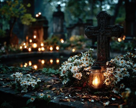 Cemetery cross and candlelight surrounded by white flowers, symbolizing All Saints Day remembrance and spiritual peace - Powered by Adobe