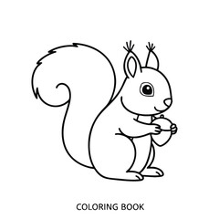 Fototapeta premium Black and white line drawing of a cute squirrel holding an acorn for a children's coloring book page