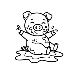Cute happy piglet joyfully splashing and playing in a muddy puddle with water droplets flying around