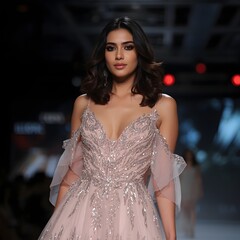 Naklejka premium Elegant model walking runway in a sparkling blush pink gown with intricate embroidery and off shoulder design during fashion show, showcasing glamour, couture style and luxury evening wear concept