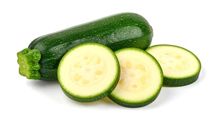 Fresh zucchini with slices on white background