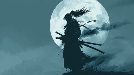 Silhouette samurai under moonlight