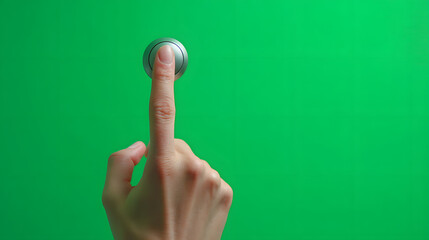A finger presses a metallic button against a green screen background.