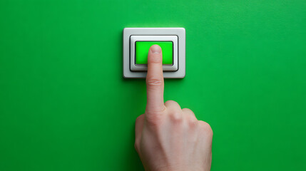 A close-up shot of a finger pressing a bright green button on a green wall.