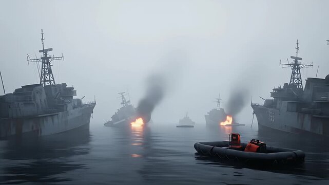 Naval warships on fire and sinking during a chaotic sea battle in dense fog and heavy smoke