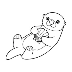 Obraz premium Cute cartoon sea otter lying on its back holding a seashell with a happy and playful expression