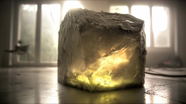 Close-up of glowing cube shape yellow stone in blurred room with daylight	