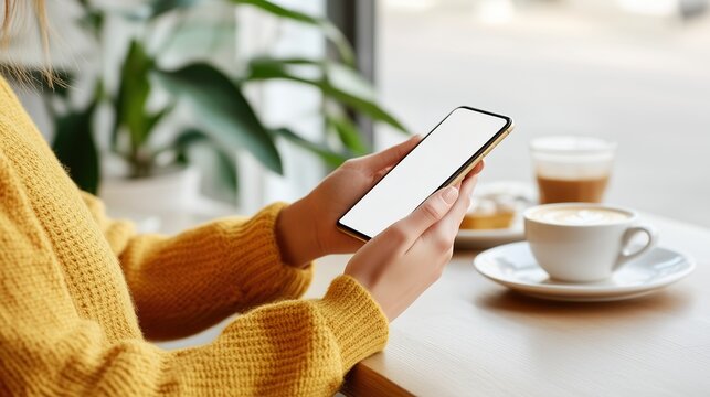 Close up of the woman hands dressed in a yellow sweater holding a phone with a white screen mockup and checking notifications while sitting in a cafe against the background of blurred coffee cups. - Powered by Adobe